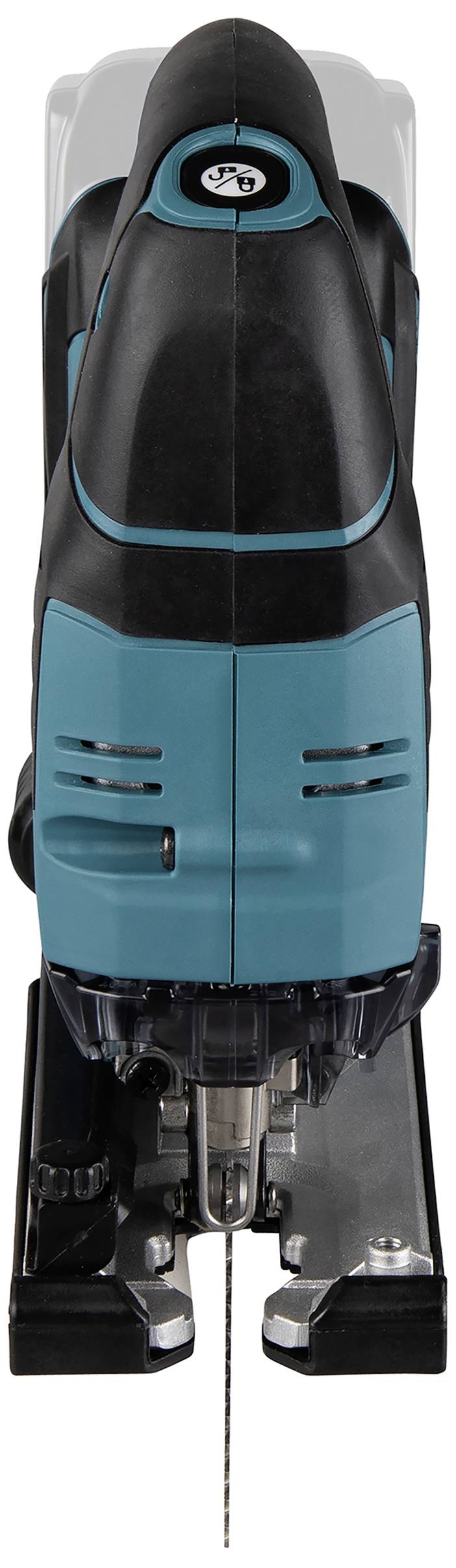 Schwarze und blaue Stichsäge von vorne gezeigt, mit sichtbarem Sägeblatt nach unten gerichtet.