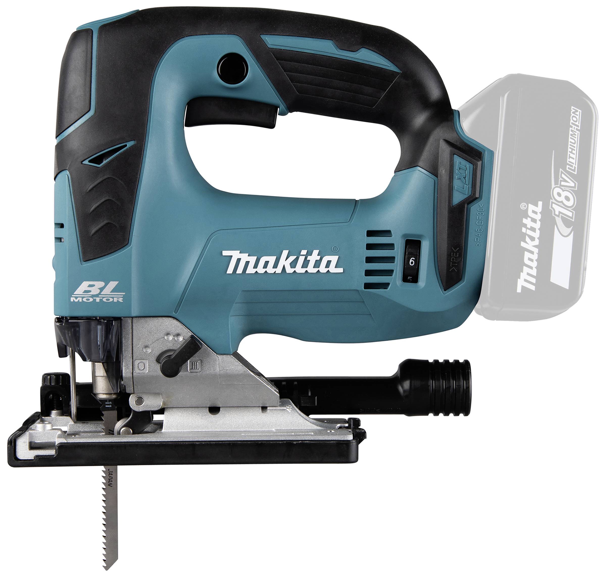 Eine kabellose Stichsäge mit blauem Gehäuse und schwarzem Griff, markiert mit 'Makita' und '18V Li-Ion Batterie'.
