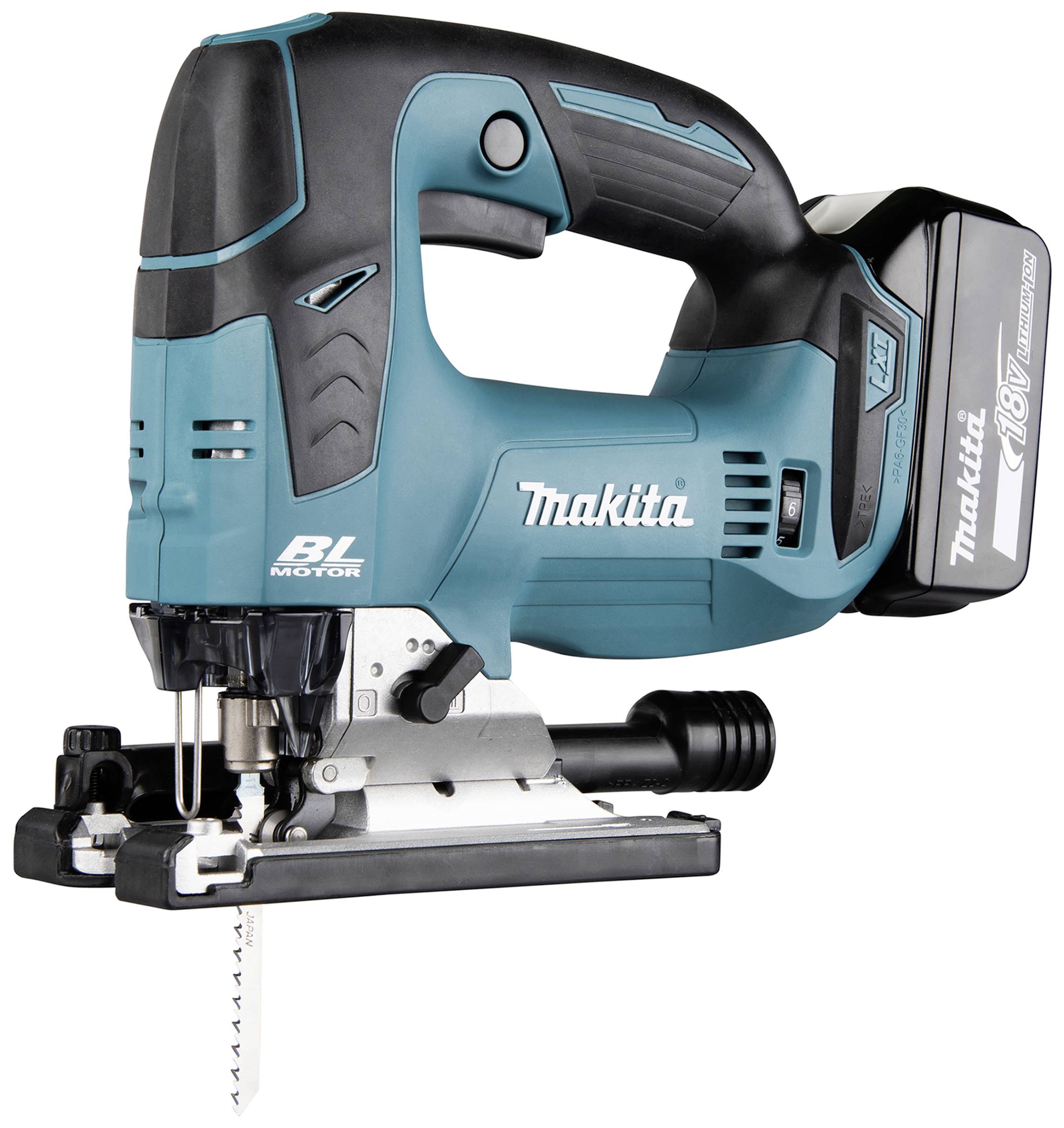 Ein Akku-Stichsäge von Makita in Blau und Schwarz mit sichtbarem Sägeblatt. Ideal für präzises und flexibles Sägen.