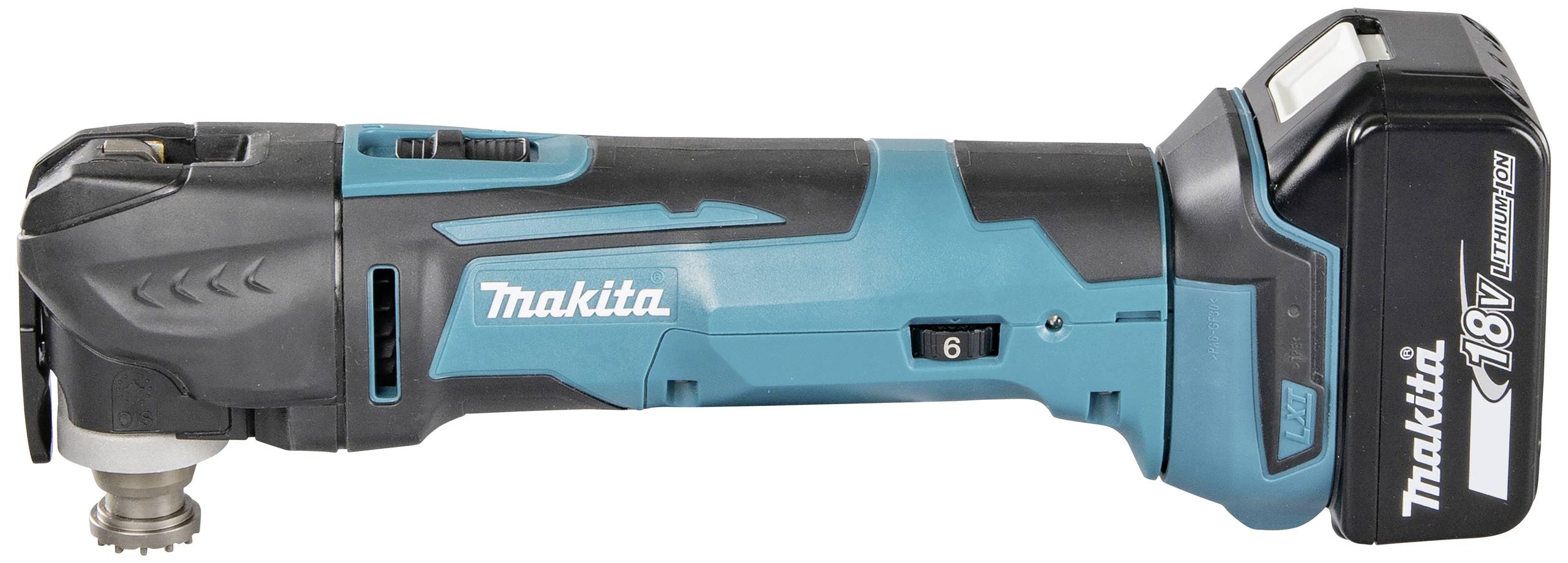 Akkubetriebenes Multifunktionswerkzeug in Blau und Schwarz, seitliche Ansicht. Es hat einen Schleifkopf und ist von der Marke Makita.