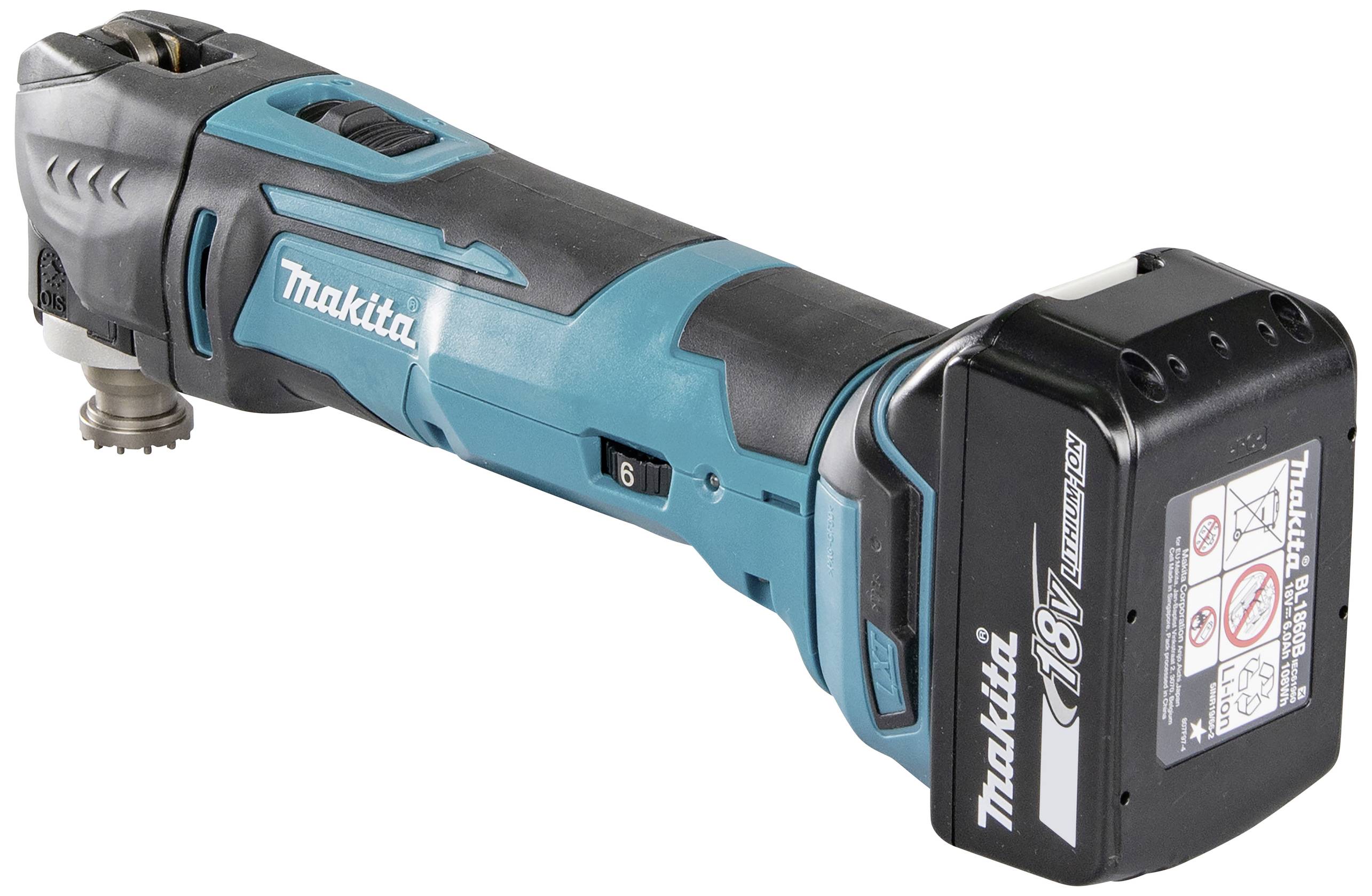 Kabelloses Makita Multifunktionswerkzeug in Blau und Schwarz mit 18V Lithium-Ionen-Akku, ideal für vielseitige DIY-Projekte.