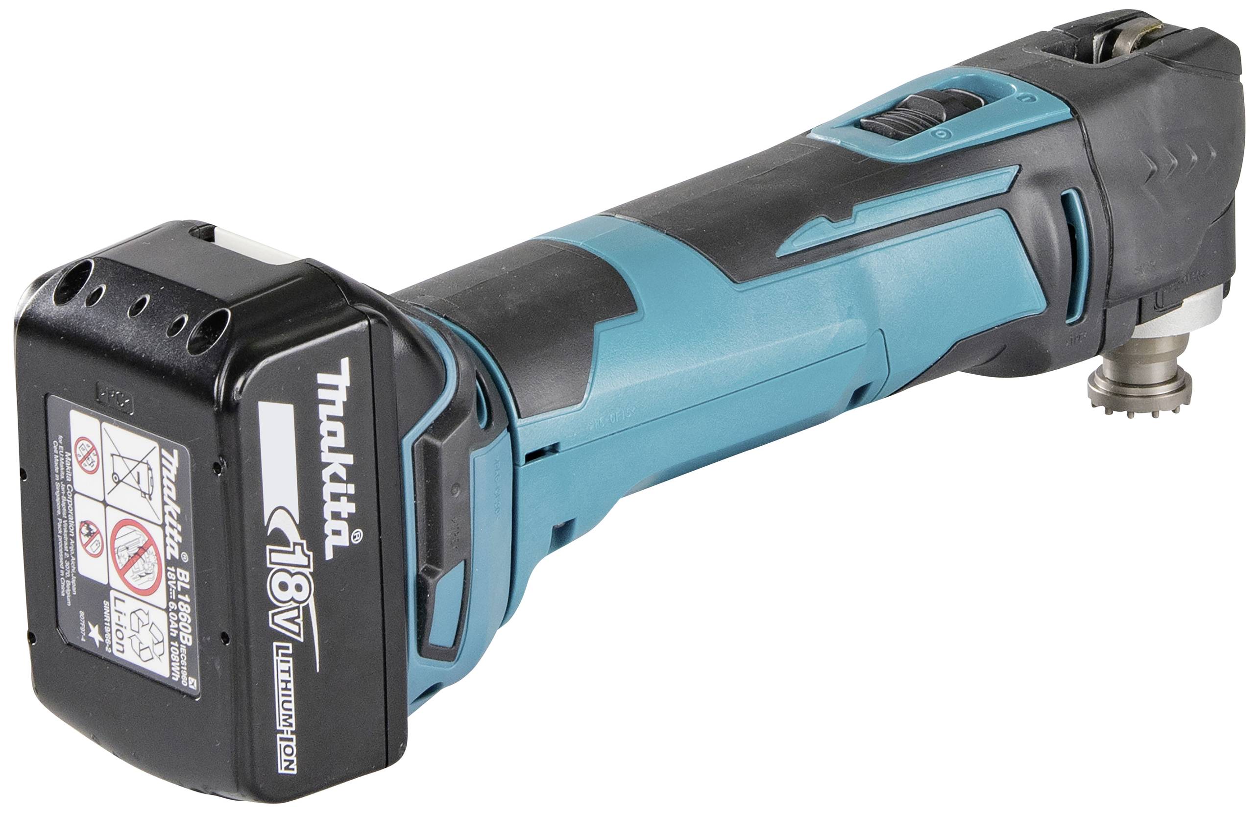 Akku-Multitool mit blauer und schwarzer Ummantelung, seitlicher Schalter und rotierendem Aufsatz am vorderen Ende.