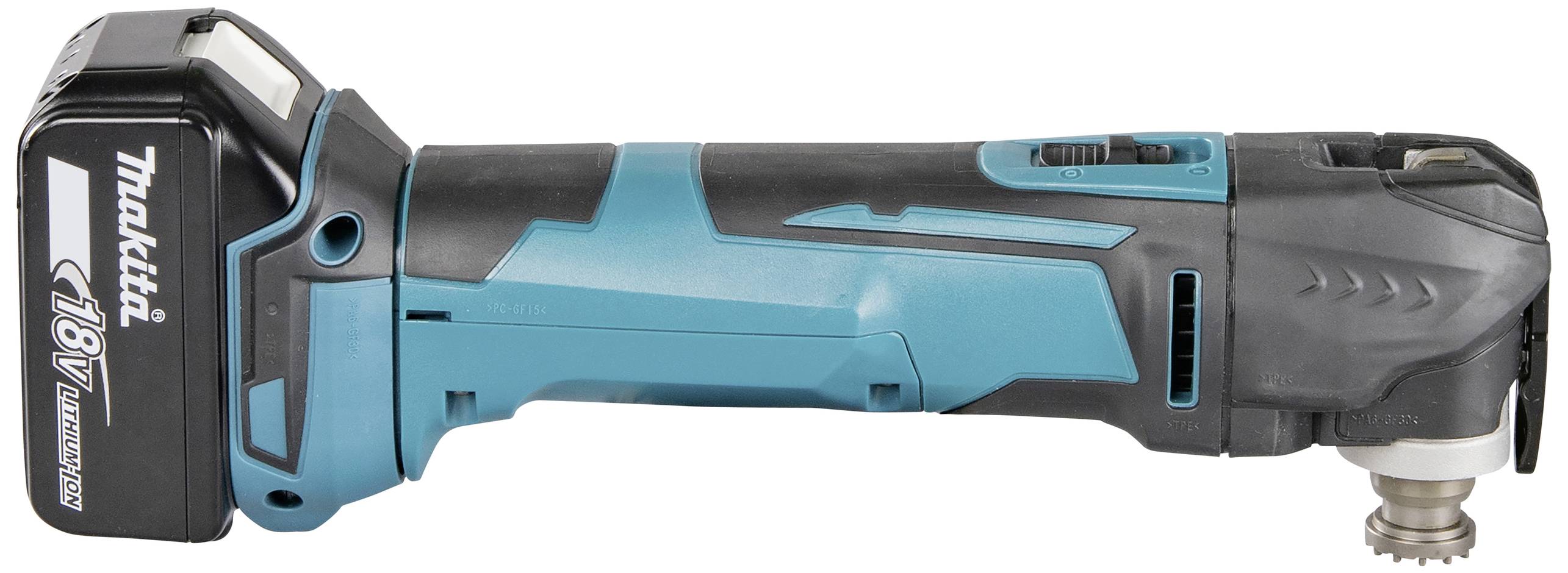 Ein blau-schwarzes, kabelloses Multifunktionswerkzeug mit 18V-Akku und Schneidaufsatz. Eignet sich für handwerkliche Arbeiten.