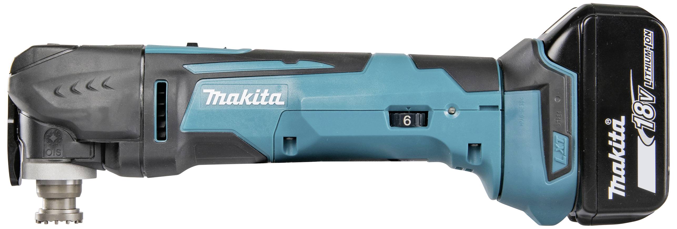 Ein kabelloses Multifunktionswerkzeug mit blau-schwarzem Design, 'Makita' Schriftzug und 18V Akku. Geeignet für verschiedene Heimwerkerarbeiten.