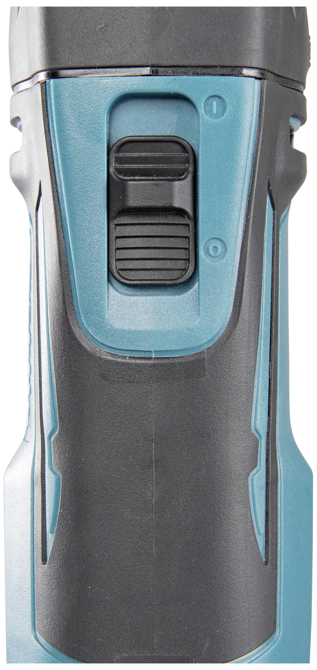 Ein blauer Elektrowerkzeuggriff mit einem schwarzen Schalter in der Mitte. Der Schalter hat zwei Positionen zur Steuerung.