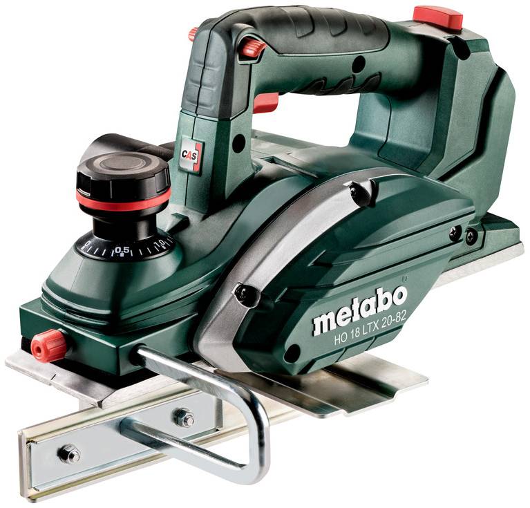 Grüner Metabo-Akku-Hobel mit vorderer Tiefeneinstellung, oberer Griffleiste und Metallsockel, in einem Produktfoto auf weißem Hintergrund gezeigt.
