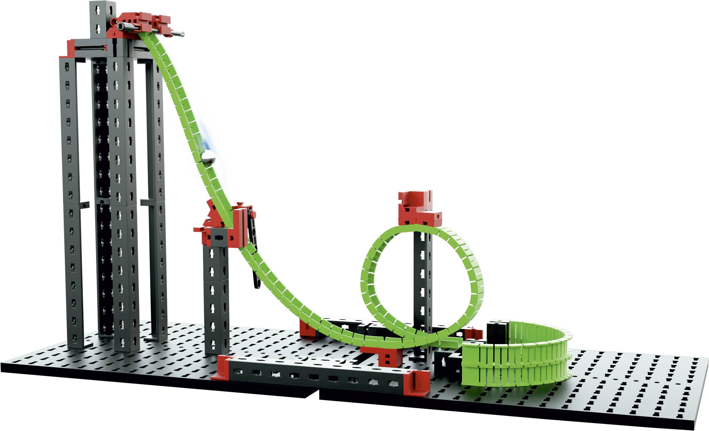 Ein Modell eines Kugelbahn-Experimentsatzes mit grüner Schiene, spiralförmiger Rampe und schwarzer Grundplatte zur Demonstration der Schwerkraft.