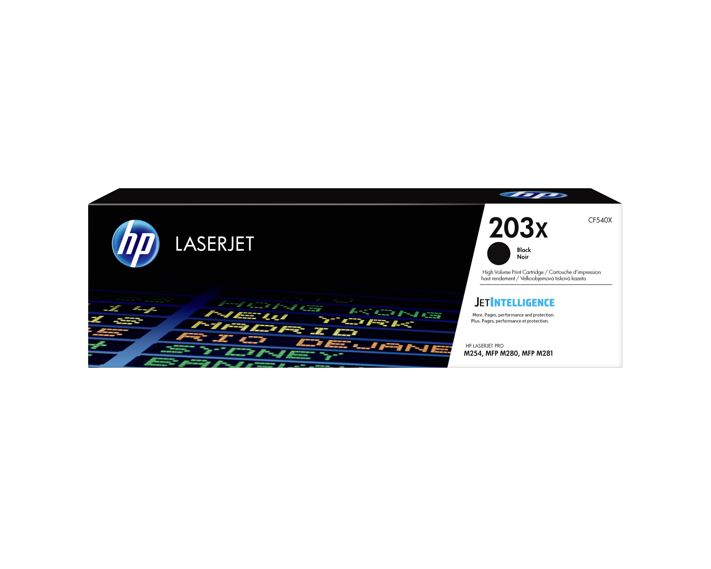 HP LaserJet 203X schwarze Tonerpatrone Karton mit Produktetikett und aufgelisteten kompatiblen Druckermodellen.