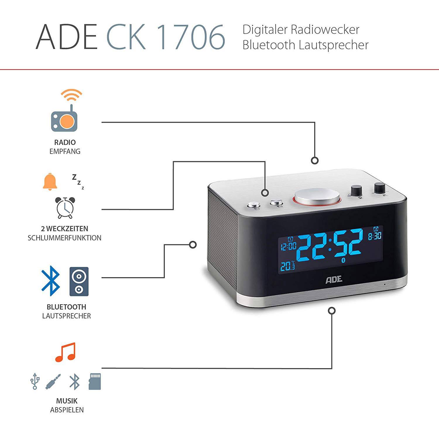 ADE CK 1706 UKW Radiowecker AUX, Bluetooth®, SD, UKW, USB Schwarz-Silber