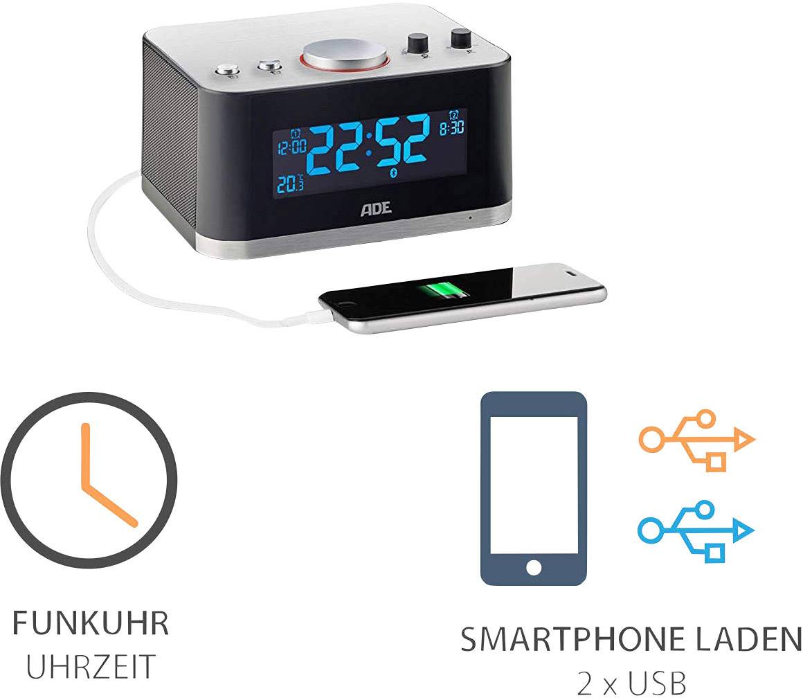 ADE CK 1706 UKW Radiowecker AUX, Bluetooth®, SD, UKW, USB Schwarz-Silber