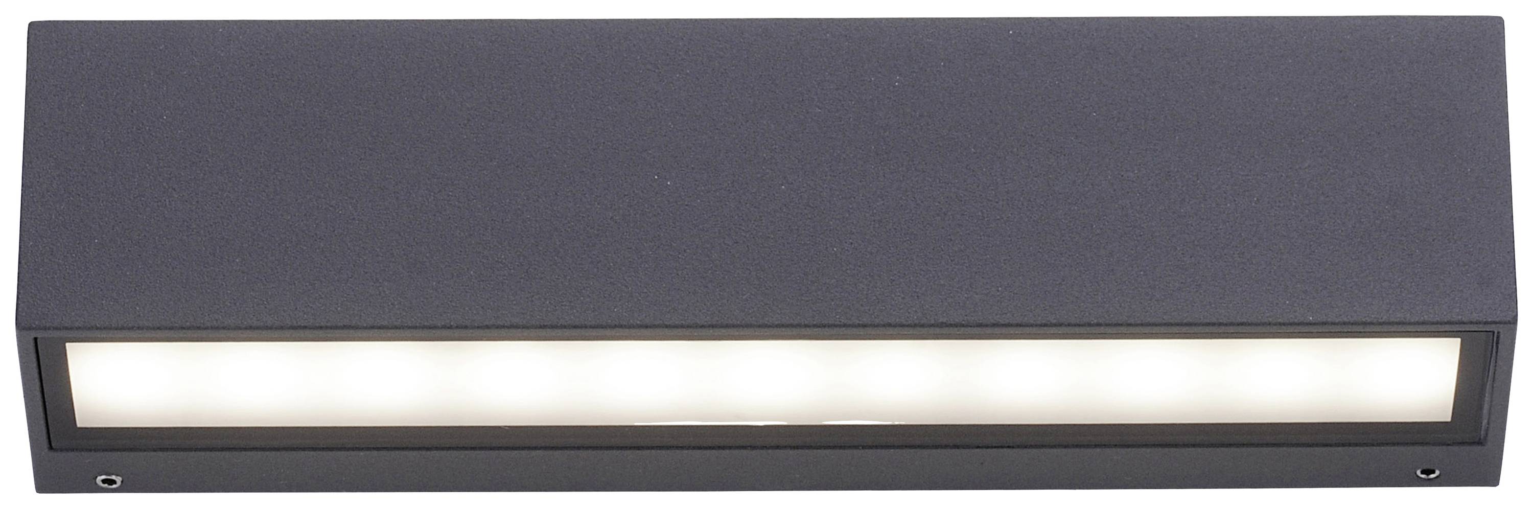 Schwarze rechteckige Lampe mit horizontal ausgerichtetem Lichtstreifen, geeignet für Wandmontage.