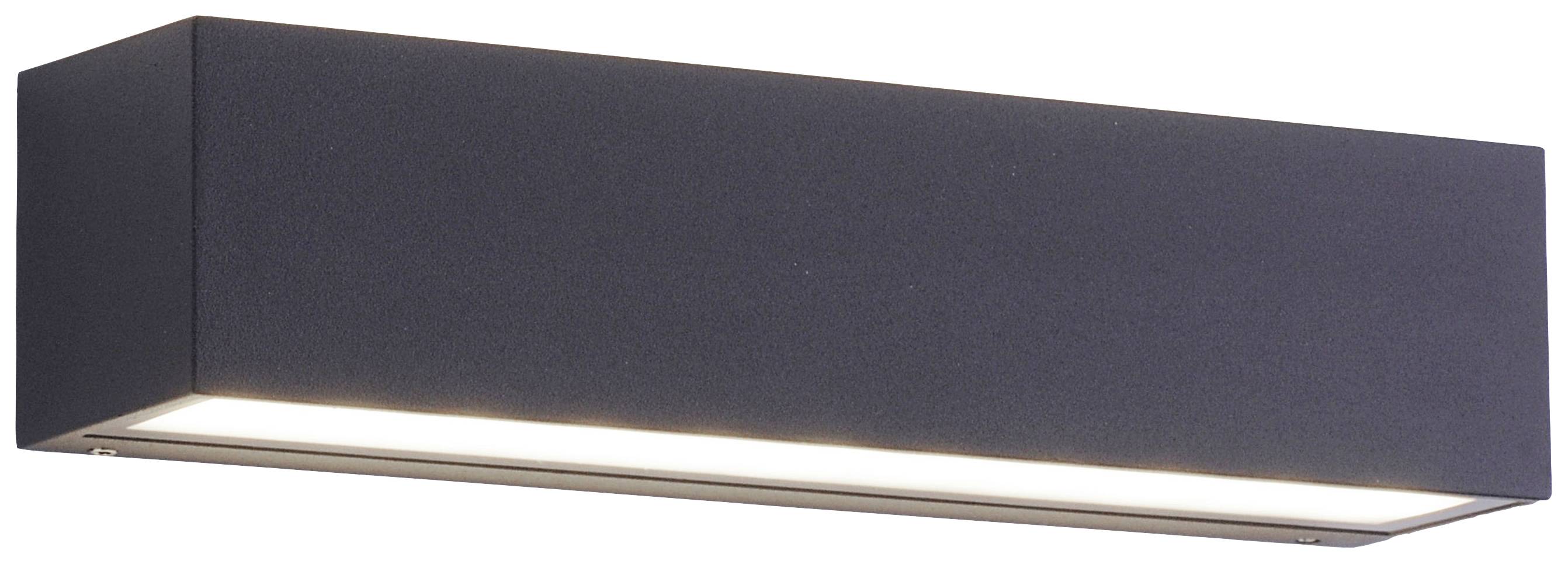 Eine schwarze, rechteckige Wandleuchte mit integriertem Licht, die zur dekorativen Beleuchtung an der Wand angebracht ist.