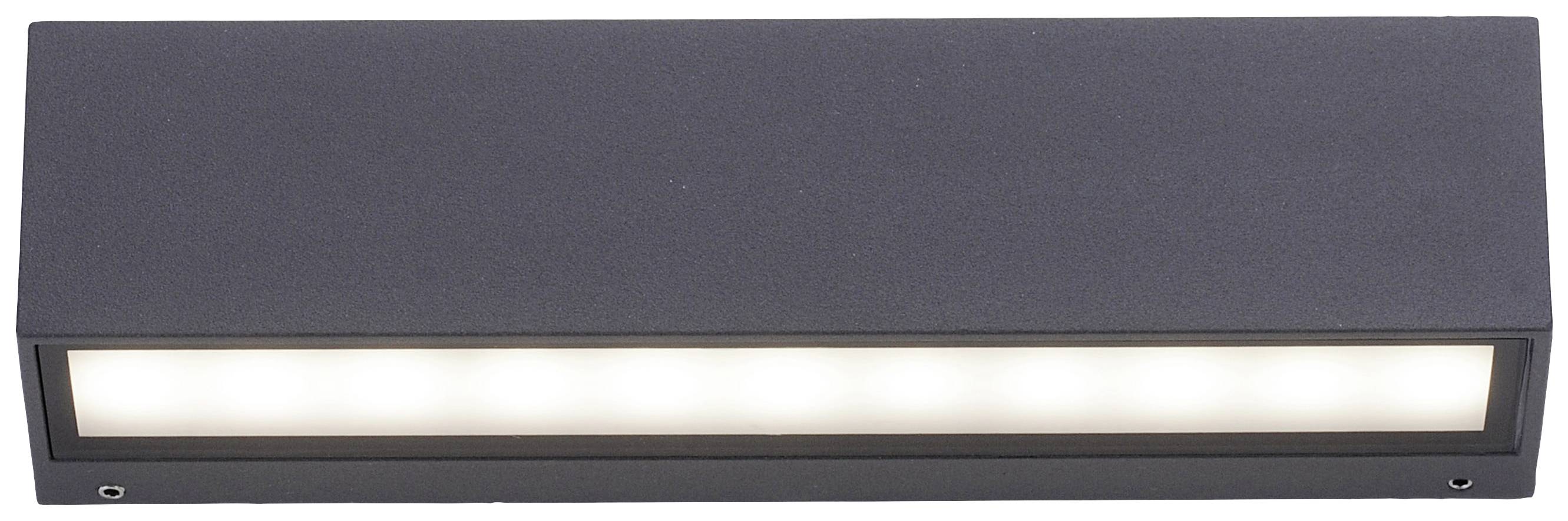 Ein rechteckiger Wandstrahler, der nach unten gerichtetes, warmweißes Licht abstrahlt. Schlichtes Design für moderne Räume.