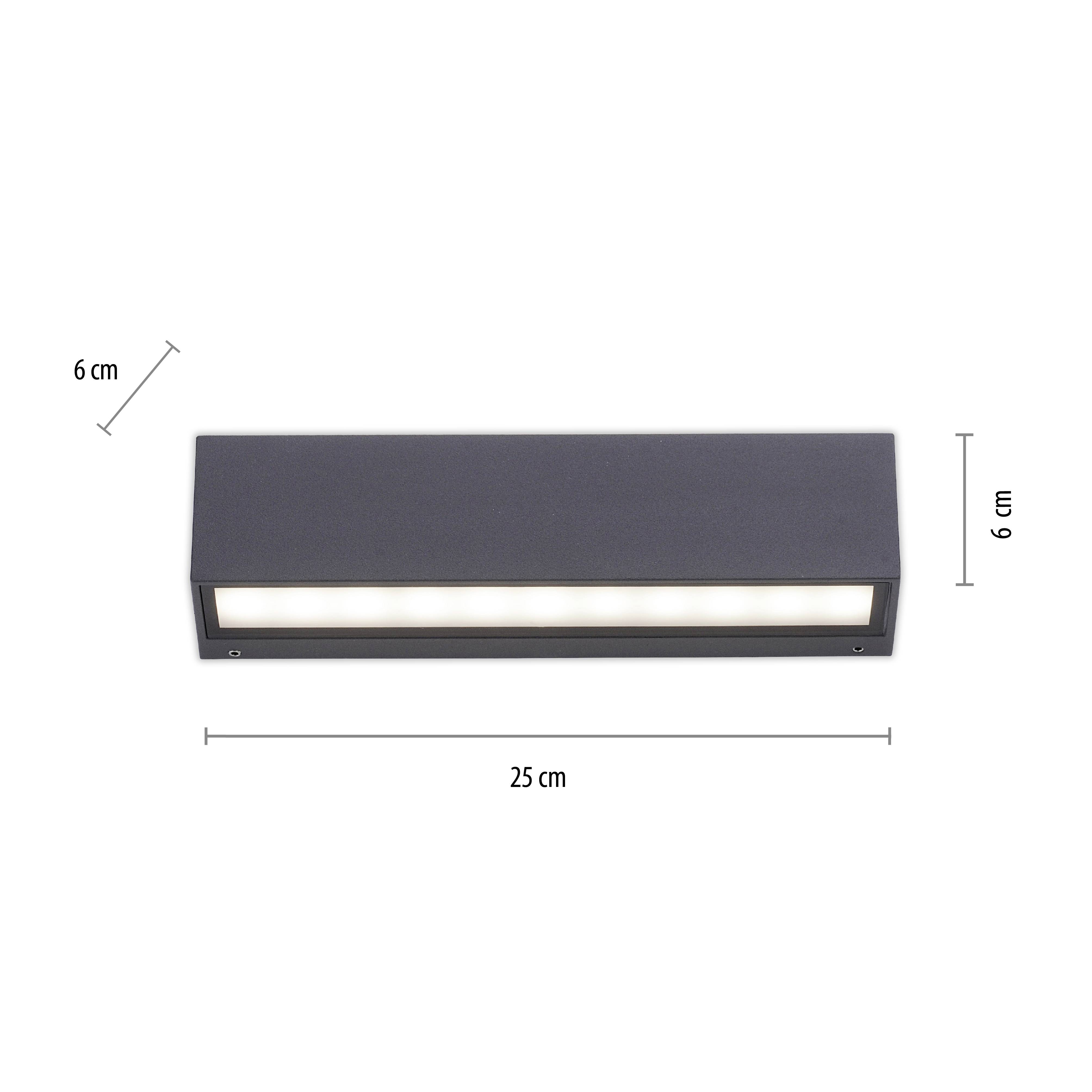 Wandlampe rechteckig, schwarz, 25 cm breit, 6 cm hoch. Beleuchtet mit gleichmäßigem Licht, ideal für moderne Innenräume.