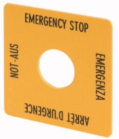 Orangefarbene Abdeckung mit einem Loch in der Mitte, beschriftet mit 'EMERGENCY STOP' und Übersetzungen in Deutsch, Italienisch und Französisch.
