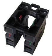 Plastikhalterung für Elektroschalter mit zwei Aufnahmepositionen, markiert mit 'NO 2' und 'NO 4' in unterschiedlichen Farben.