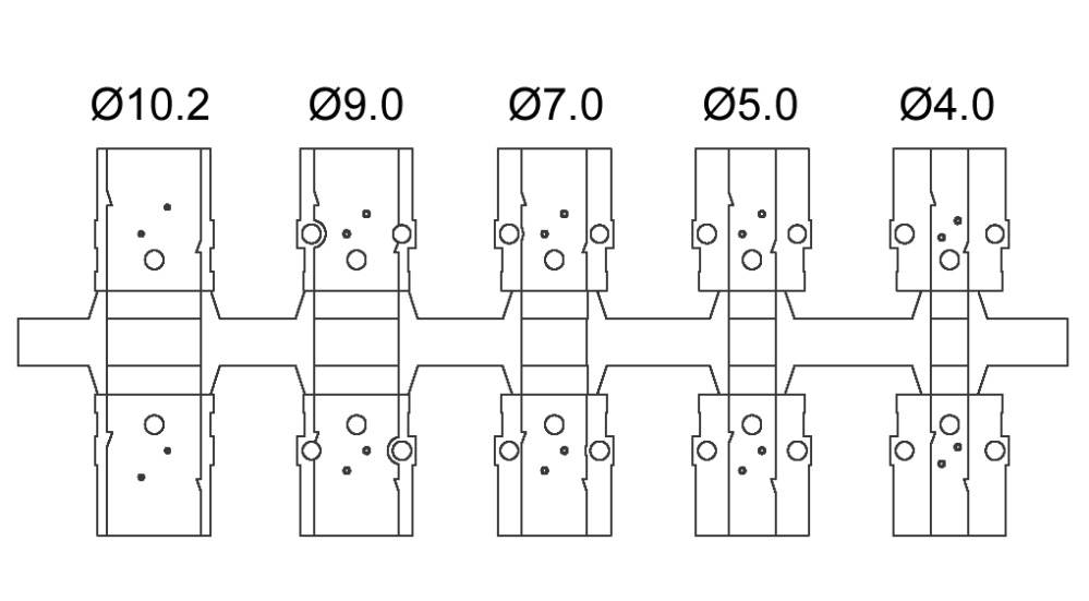 Technische Zeichnung mit fünf strukturierten Modulen, gekennzeichnet mit Durchmessern: 10.2, 9.0, 7.0, 5.0 und 4.0.