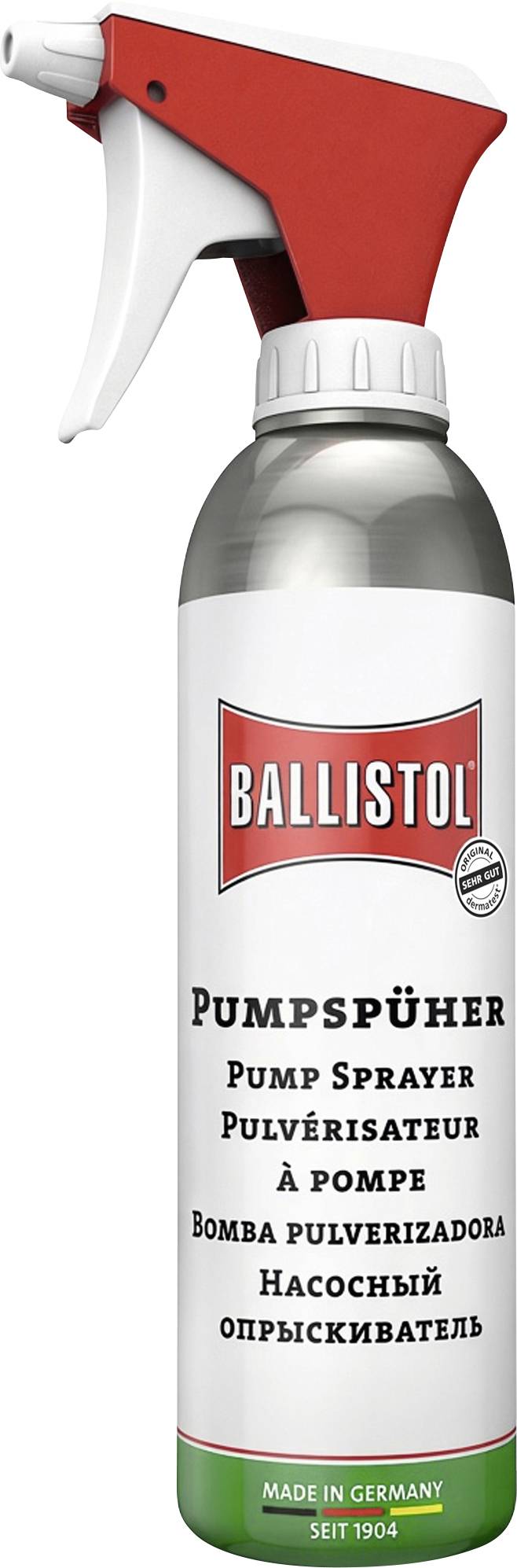 Eine rot-weiße Sprühflasche mit der Aufschrift „BALLISTOL