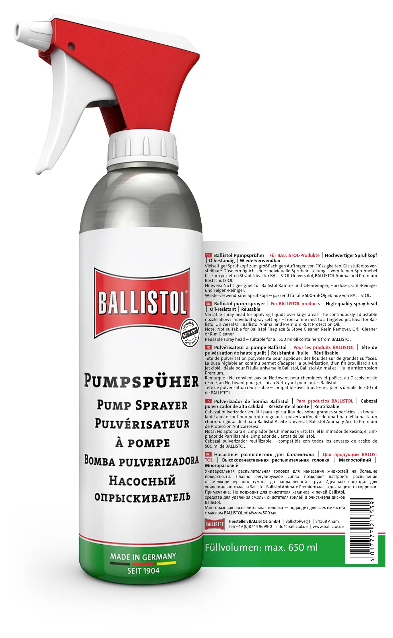 Ballistol-Pumpsprühflasche mit rot-weißem Sprühkopf und mehrsprachigem Produktetikett mit der Aufschrift „Pumpsprüher
