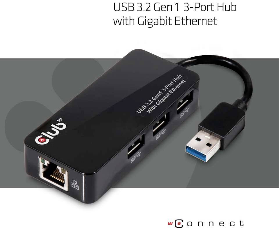 club3D CSV-1430 USB-Hub 3+1 Port USB-A (USB 3.2 Gen 1), LAN (10/100/1000 MBit/s) Schwarz (glänzend) CSV-1430