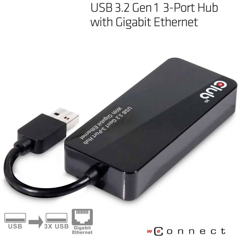 club3D CSV-1430 USB-Hub 3+1 Port USB-A (USB 3.2 Gen 1), LAN (10/100/1000 MBit/s) Schwarz (glänzend) CSV-1430