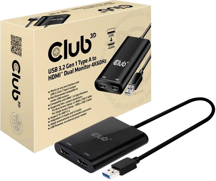 Club3D CSV-1474 1+2 Port USB 3.2 Gen 1-Umschalter (USB 3.0) 4096 x 2160 Pixel Schwarz