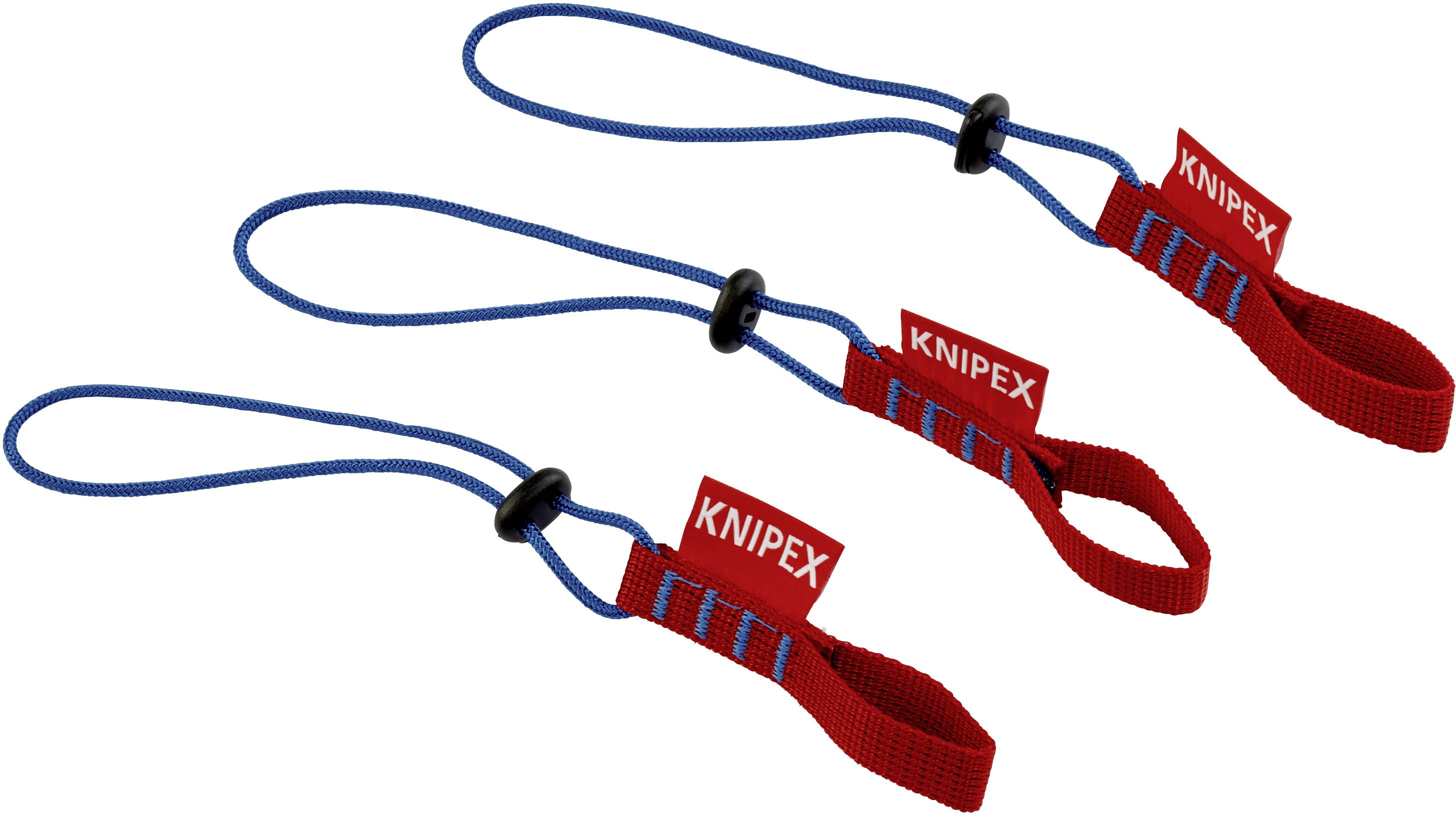 Drei rote Werkzeugschlaufen mit blauen Seilen und Klemmen, jede mit dem Markennamen 'KNIPEX' versehen.