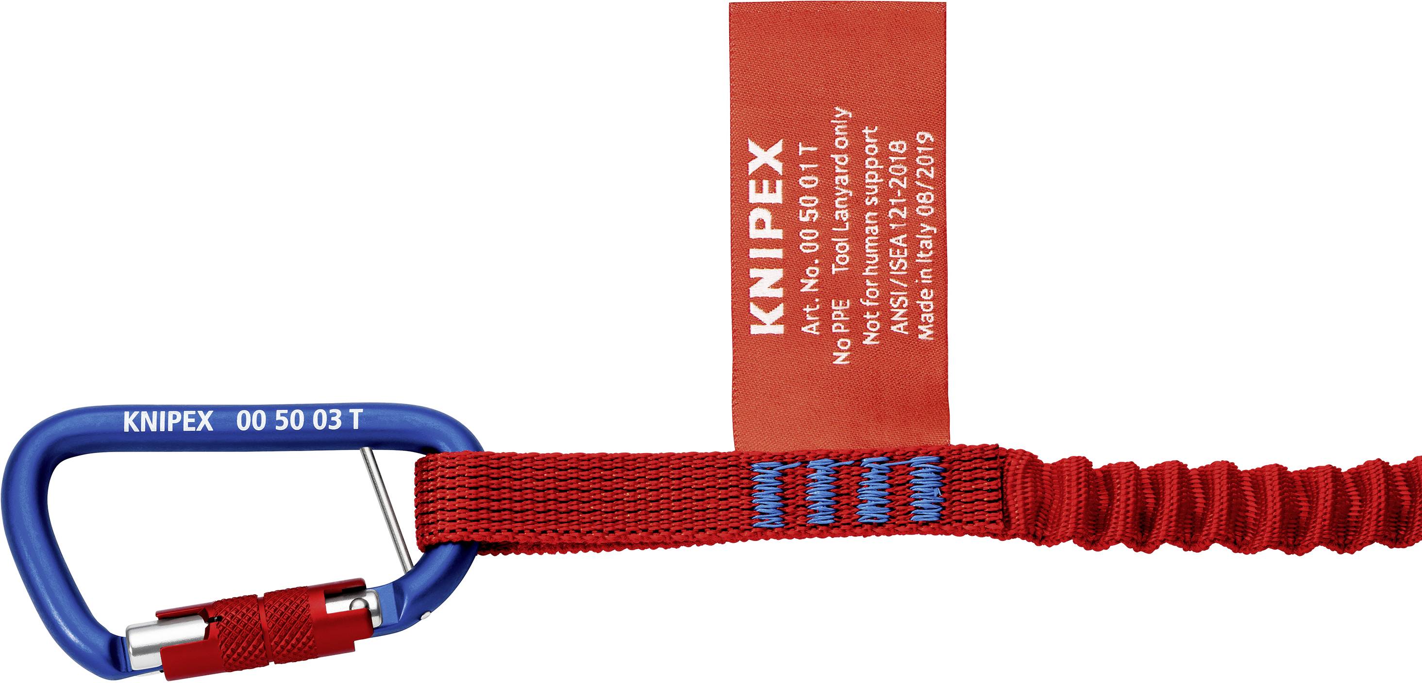 Roter Knipex-Gurt mit blauem Karabinerhaken, Artikelnummer auf Etikett (00 50 03 T), Sicherheitsmaßnahme für Werkzeuge.
