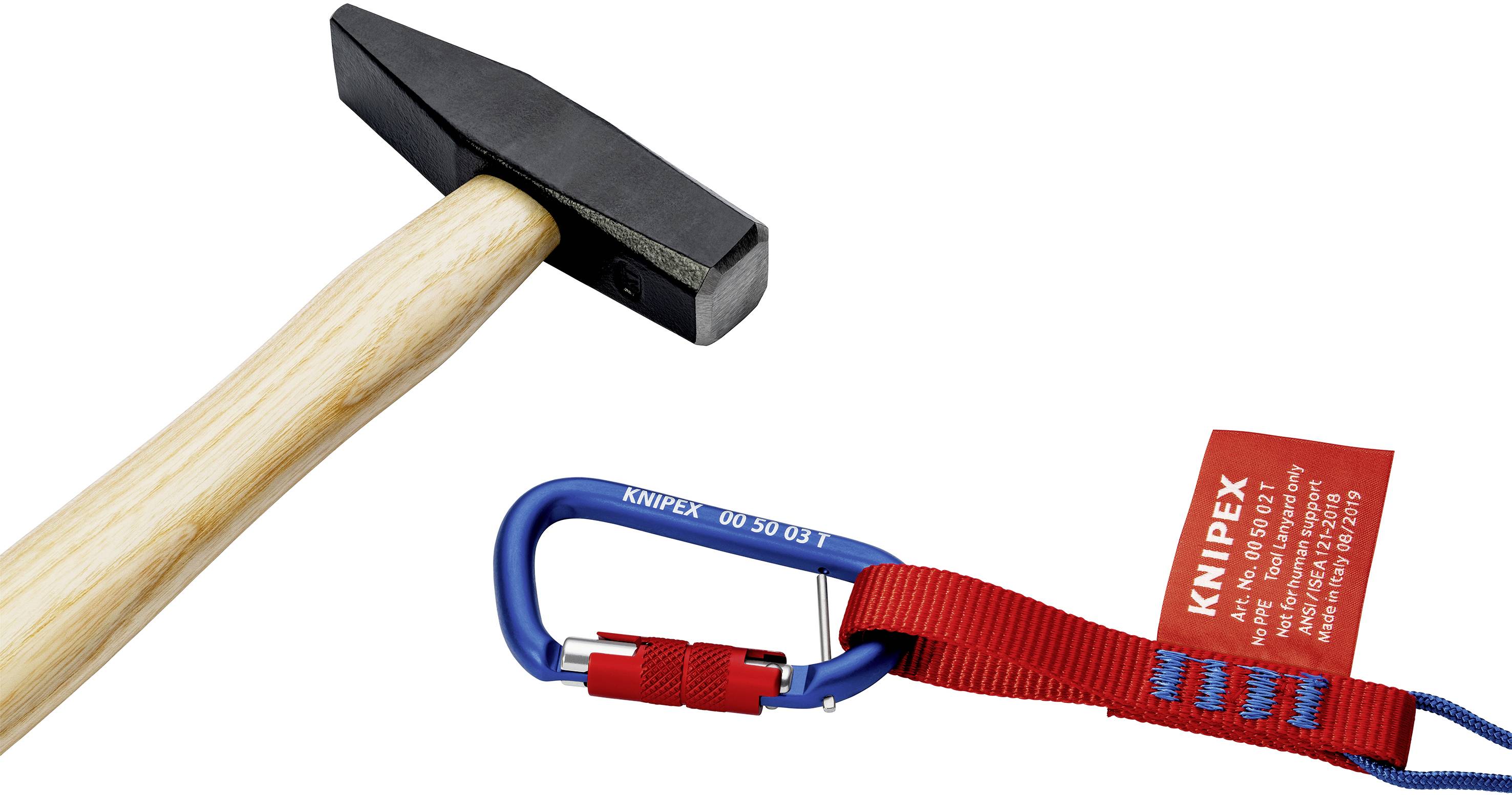 Hammer und Karabinerhaken mit rotem Band, auf dem 'KNIPEX' steht.
