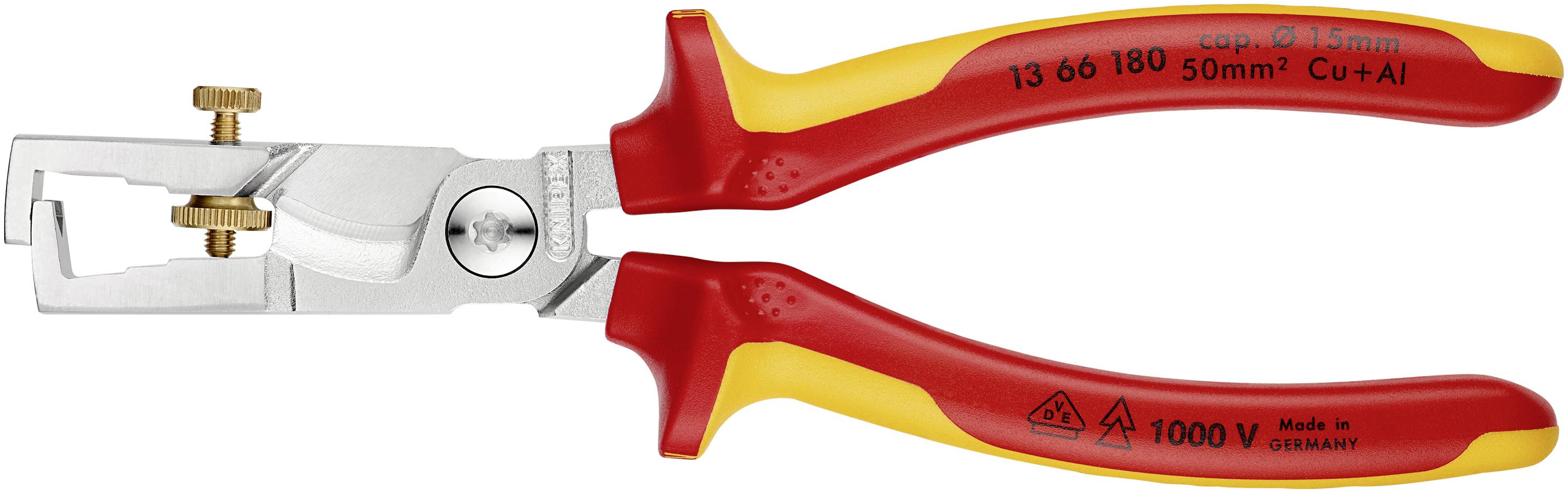 Kabelschneider mit roten und gelben Griffen, geeignet für Kupfer- und Aluminiumkabel bis 50 mm², isoliert für 1000V.