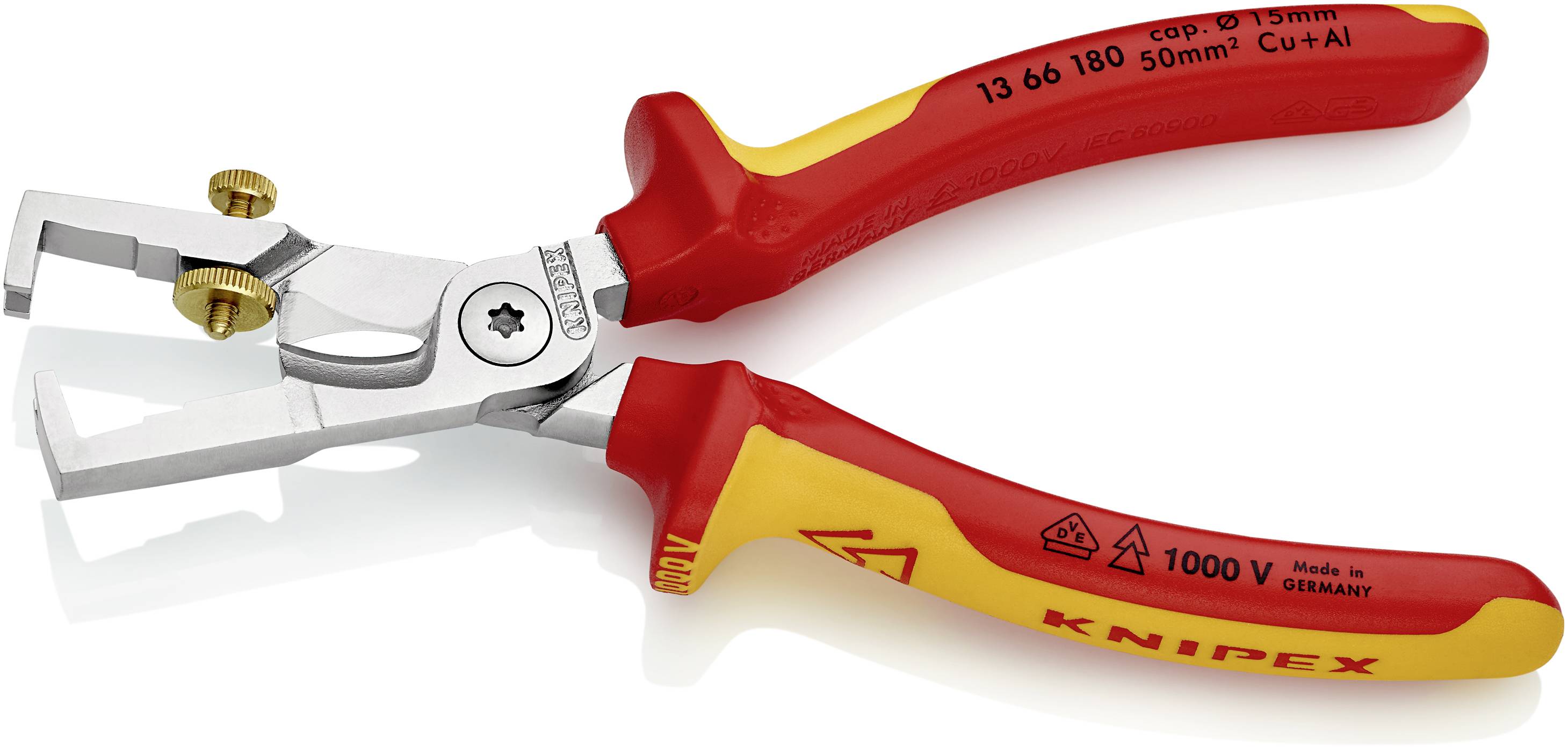 Eine rote und gelbe Mehrfachzange, geeignet für Arbeiten bis 1000V, mit isolierten Griffen und einer Metalljustierschraube oben.