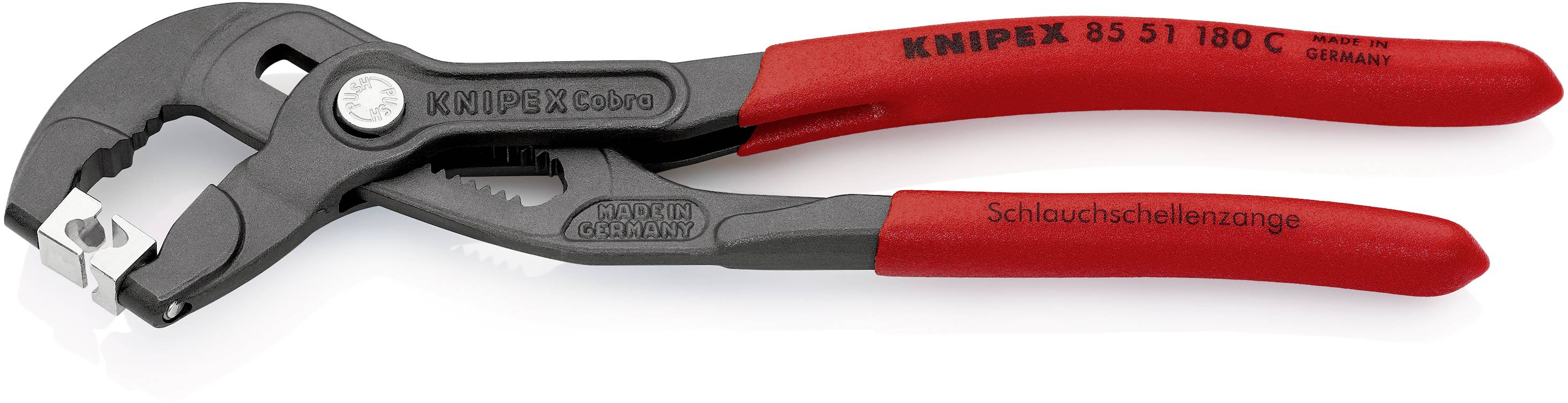 Rote Schlauchklemmenzange mit schwarzem Griff, Markenname KNIPEX gut sichtbar. Geeignet für präzises Greifen und Fixieren. Made in Germany.