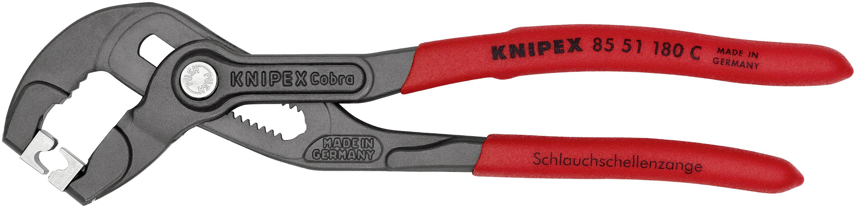 'KNIPEX Cobra Schlauchschellenzange': Eine rote Zange speziell zum Lösen und Festziehen von Schlauchschellen. Markiert mit 'Made in Germany'.