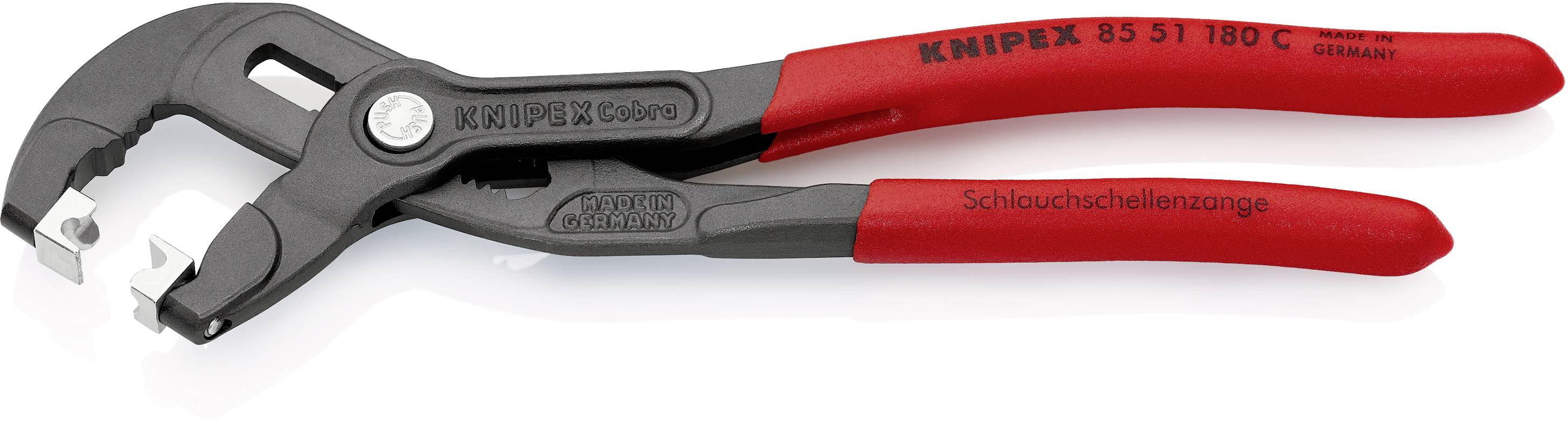 Schlauchschellenzange von Knipex mit roten Griffen, zum sicheren Greifen und Öffnen von Schlauchschellen in verschiedenen Anwendungen.