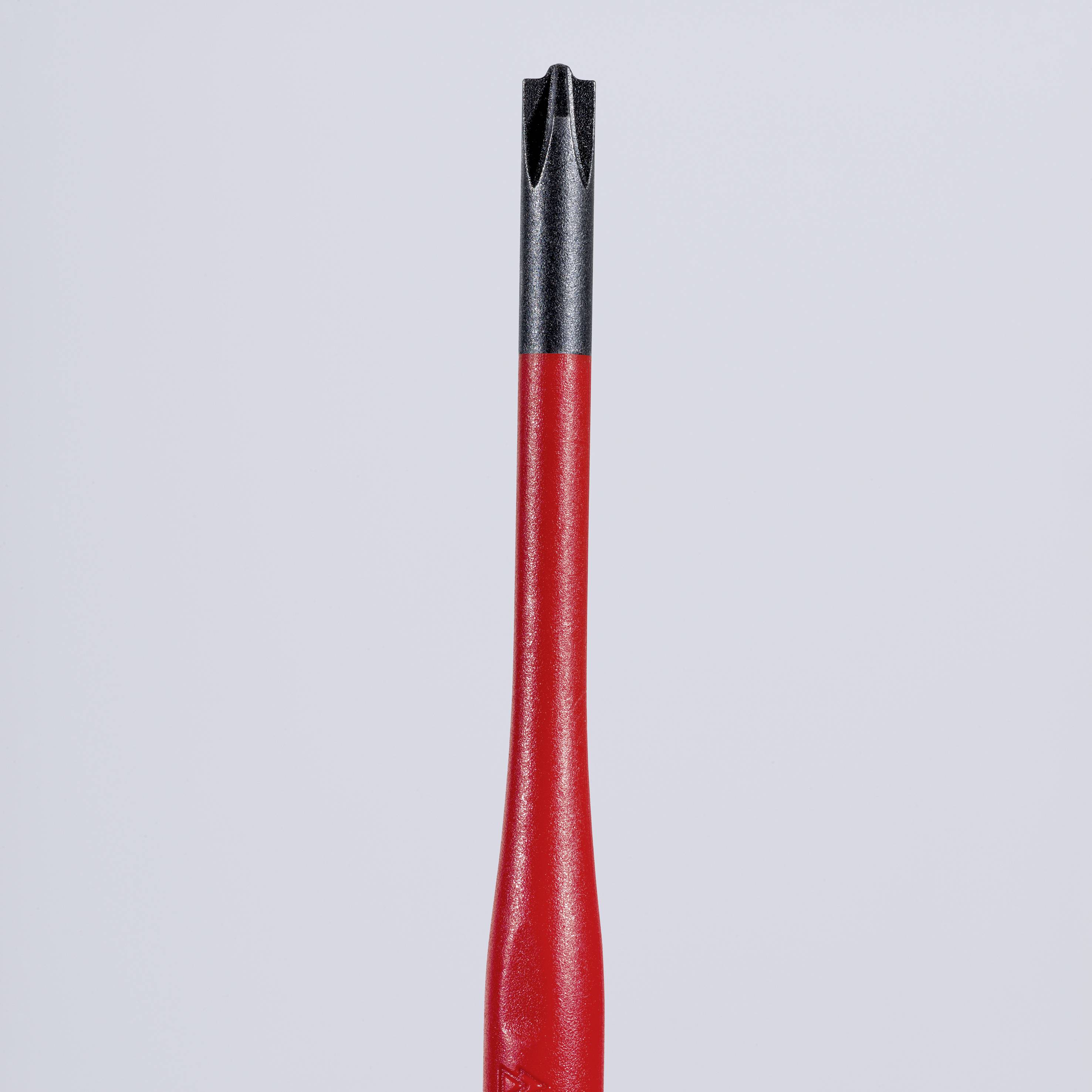 Ein roter Schraubendreher mit schwarzer Spitze steht aufrecht vor grauem Hintergrund.