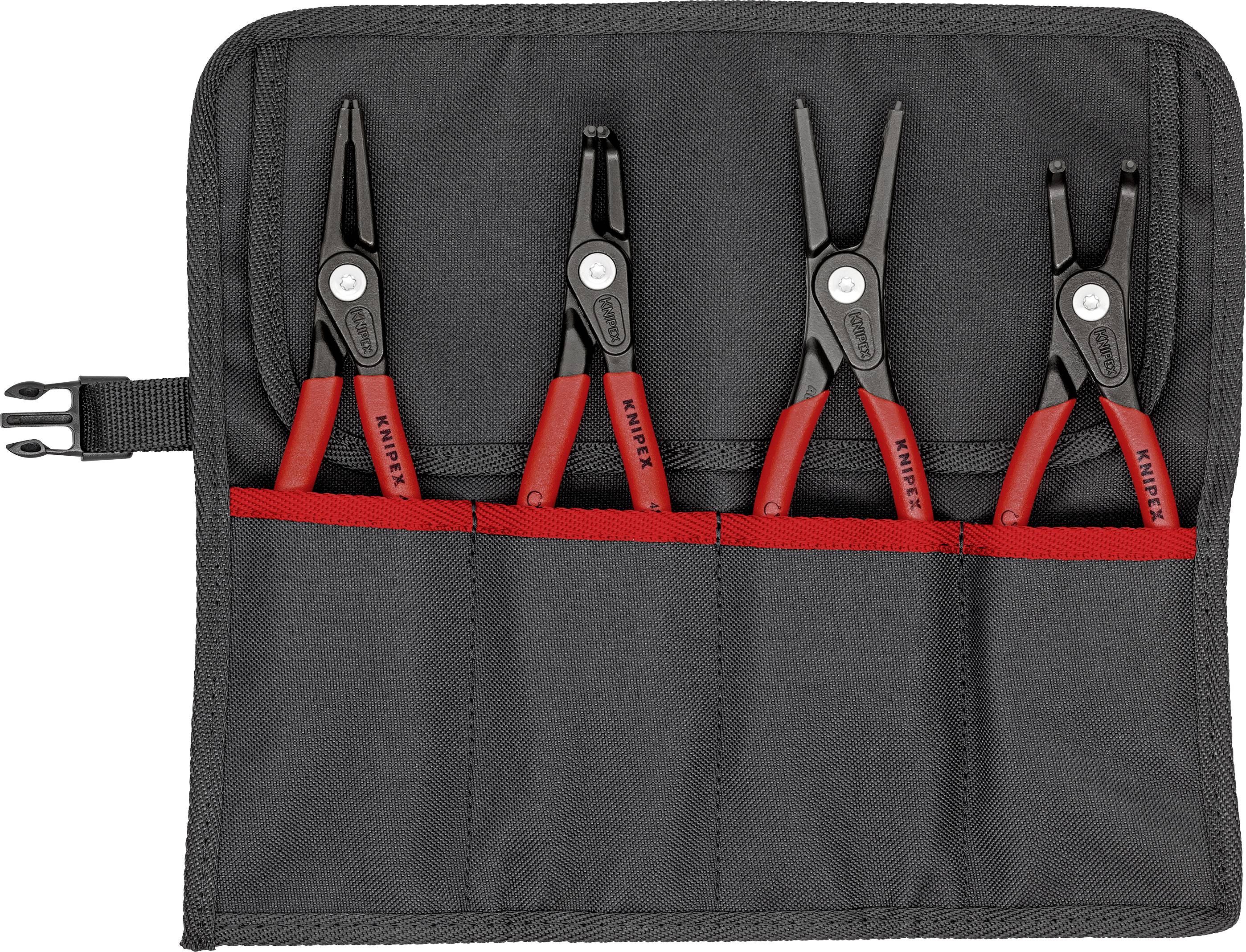 Ein Set von vier roten Sprengringzangen in einer schwarzen Tasche mit vier Fächern.