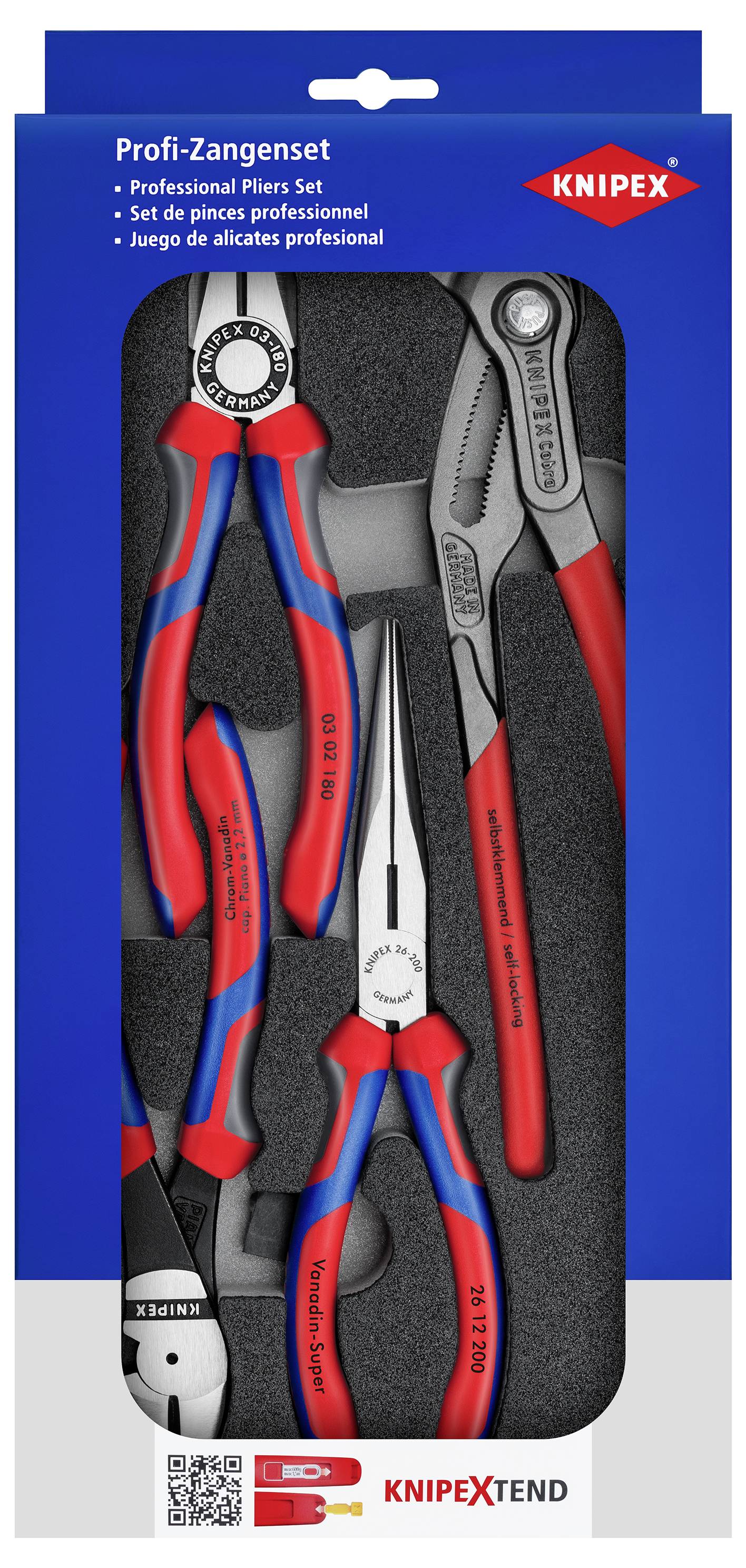 Beispiel KNIPEX Profi-Zangenset in Verpackung, bestehend aus Kraftseitenschneider, Langbeckzange und Wasserpumpenzange.