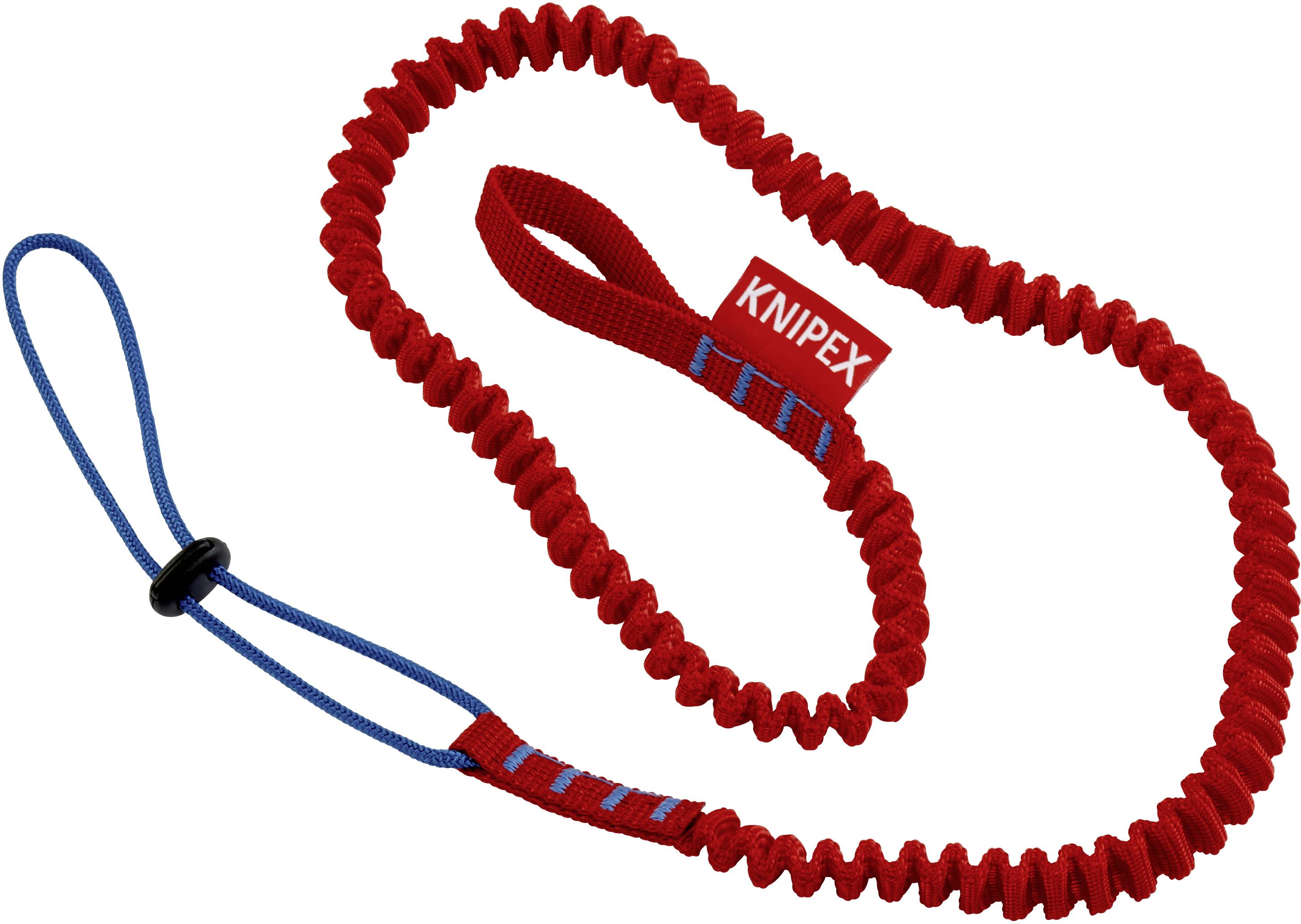 Rotes elastisches Sicherungsband mit blauer Schlaufe und KNIPEX-Logo, zum Befestigen von Werkzeugen zur Vermeidung von Stürzen.