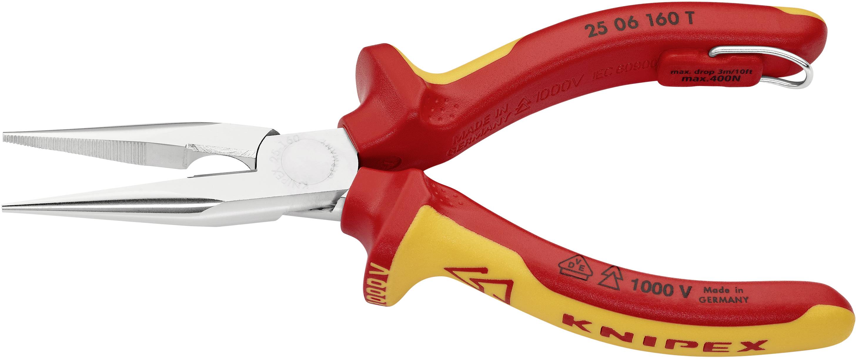 Eine isolierte rote und gelbe Kombinationszange von Knipex, geeignet für Arbeiten bis 1000 Volt, hergestellt in Deutschland.