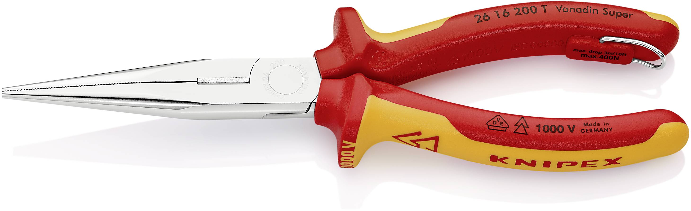 Eine rote und gelbe Flachzange von Knipex, geeignet für Arbeiten bis 1000 V. Die Zange hat schmale, lange Backen für präzises Greifen.