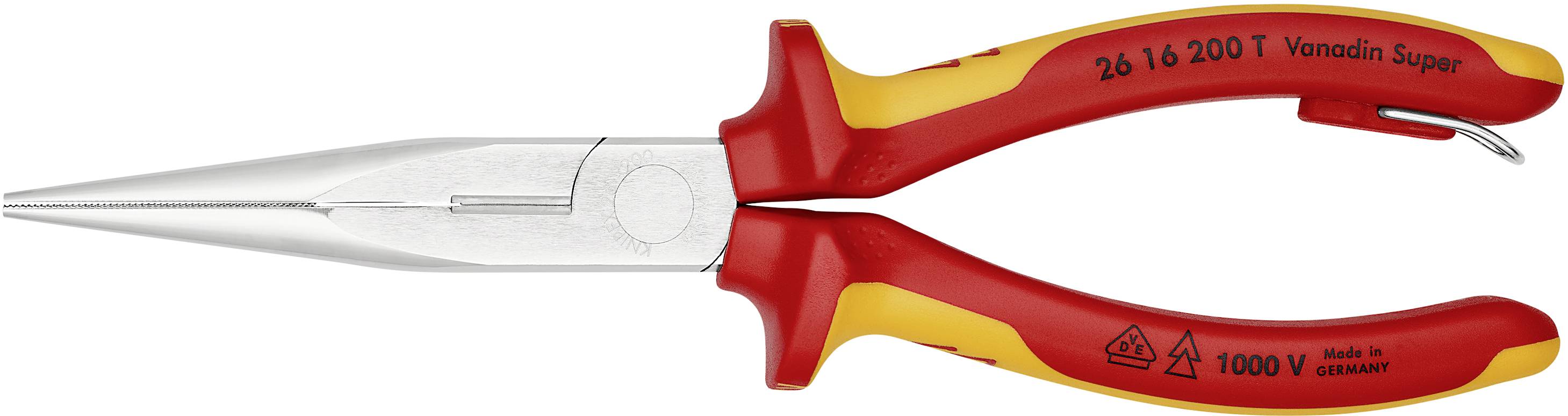 Eine isolierte, rote-gelbe Flachrundzange mit langer, spitzer Spitze und Isolierung bis 1000V, geeignet für elektrotechnische Arbeiten.