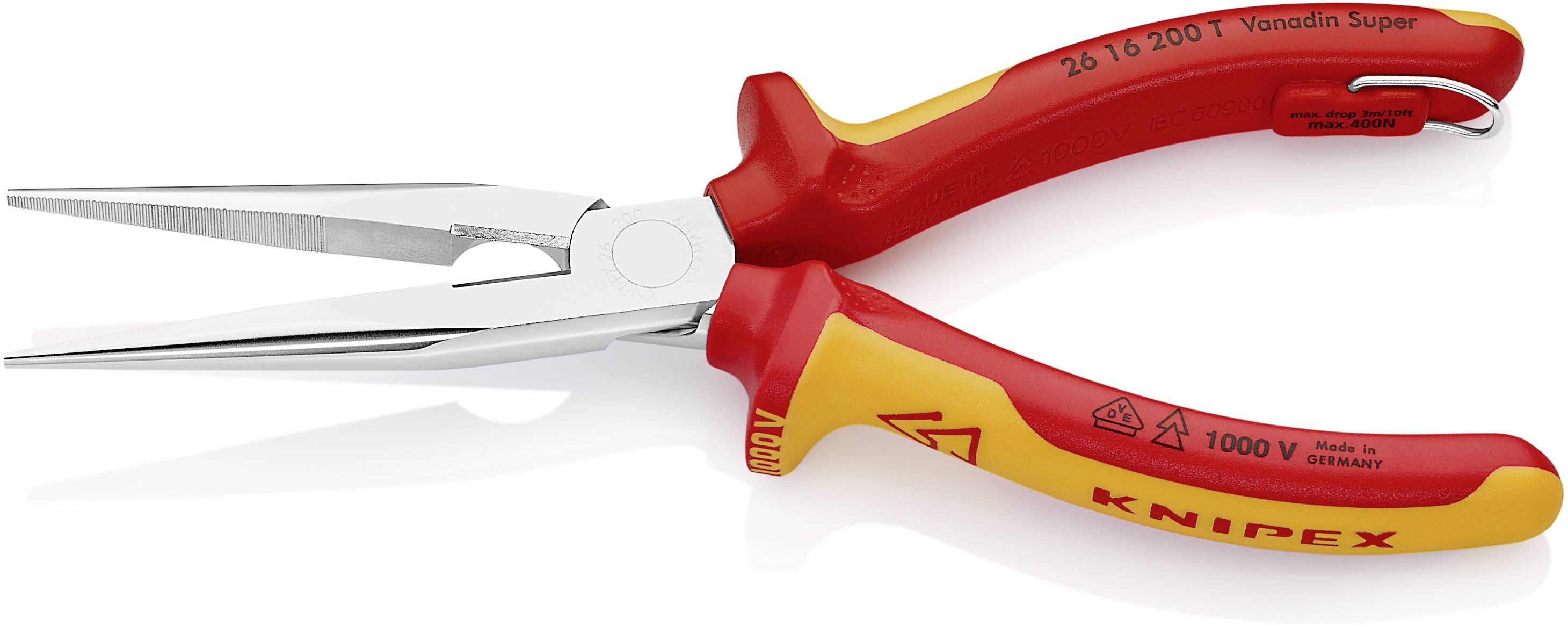 Rote Kombizange mit gelben Griffen von Knipex, Modellnummer 26 16 200 T VDE geprüft, geeignet für Arbeiten bis 1000 Volt.