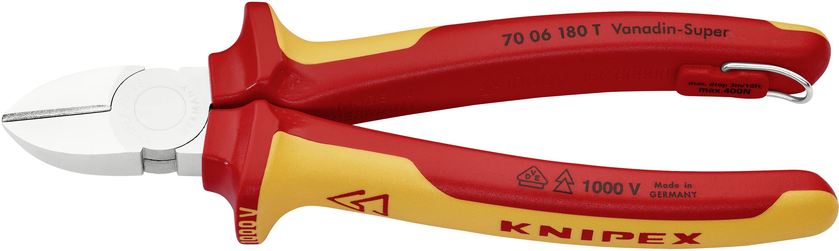 Zange mit roten und gelben Griffen. Aufschrift 'Knipex' und Sicherheitskennzeichnungen. Werkzeug zum Schneiden von Drähten.