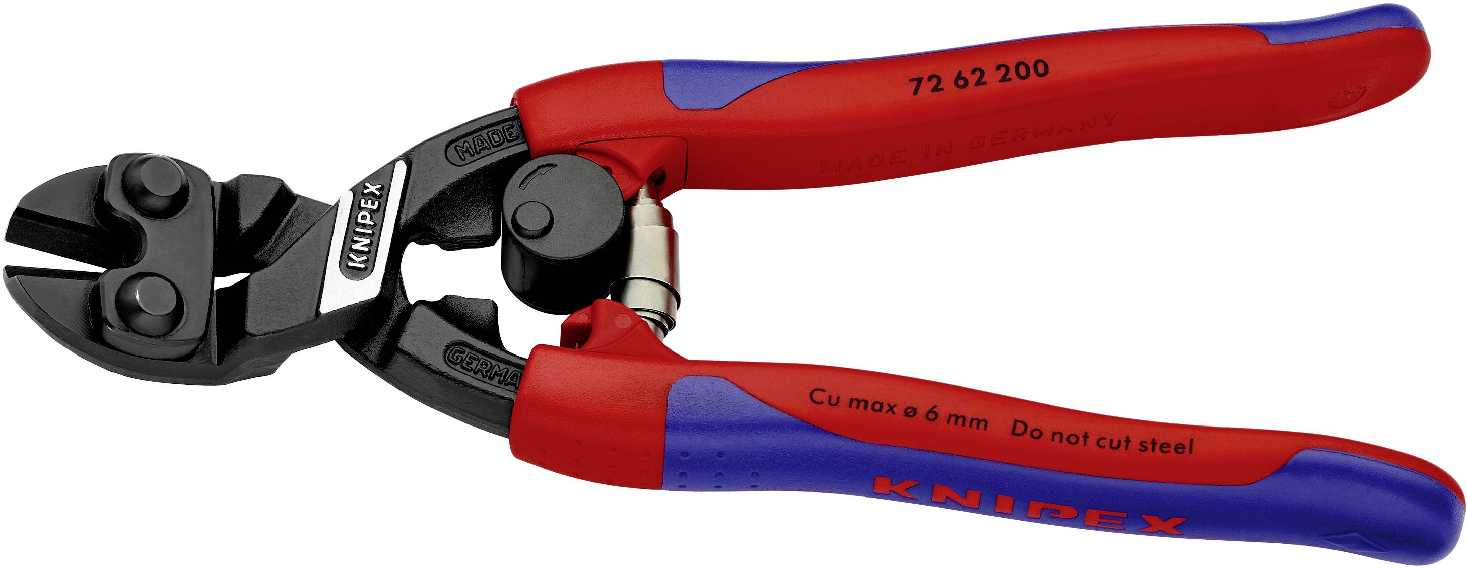 Rote und blaue KNIPEX Bolzenschneider mit schwarzem Schneidkopf, geeignet für Kupfer bis 6 mm, nicht für Stahl.