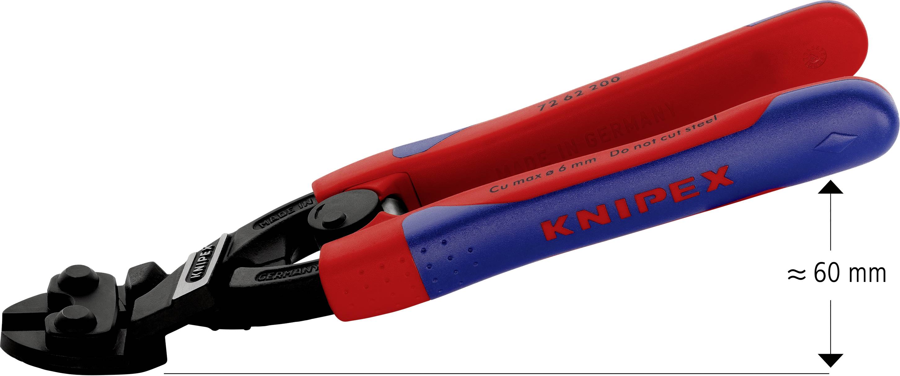 Eine rote und blaue Knipex-Bolzenschneiderzange, ca. 60 mm groß, geeignet zum Schneiden von Cu bis max. 6 mm.