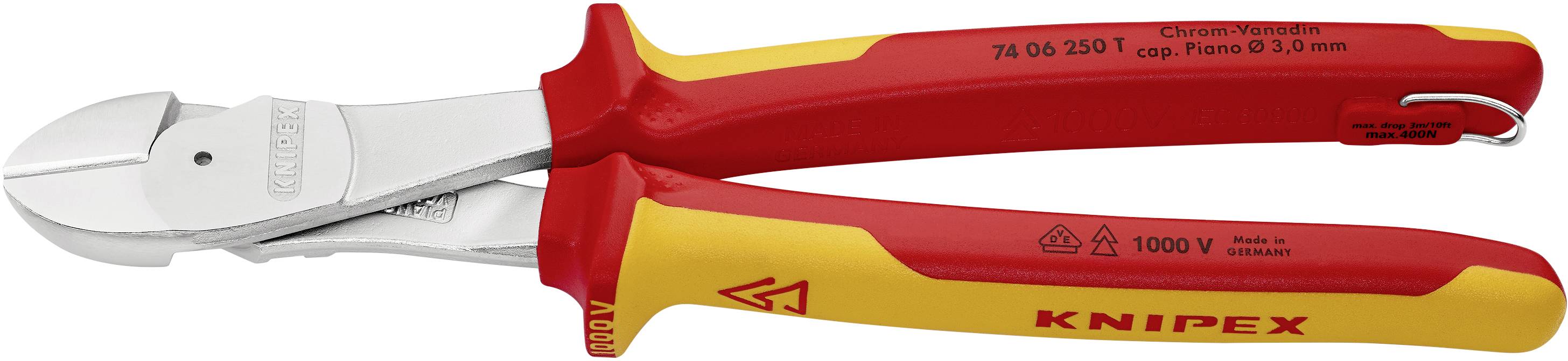 Einseitiger Seitenschneider mit roten und gelben Griffen, geeignet für Arbeiten bis 1000V, Modell 'Knipex 74 06 200'.