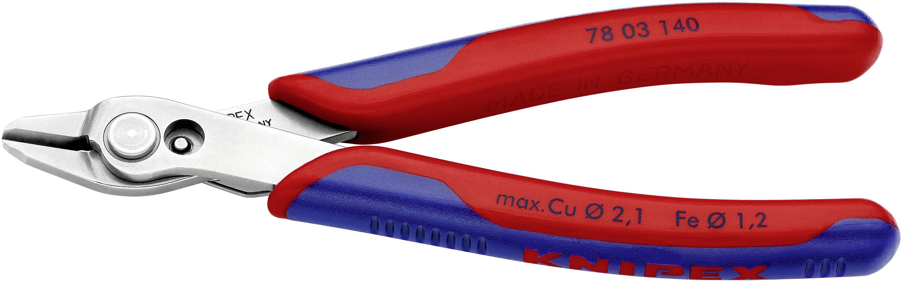 Seitenschneider mit rot-blauen Griffen, geeignet für weiche Drähte bis 2,1 mm und harte Drähte bis 1,2 mm Durchmesser.