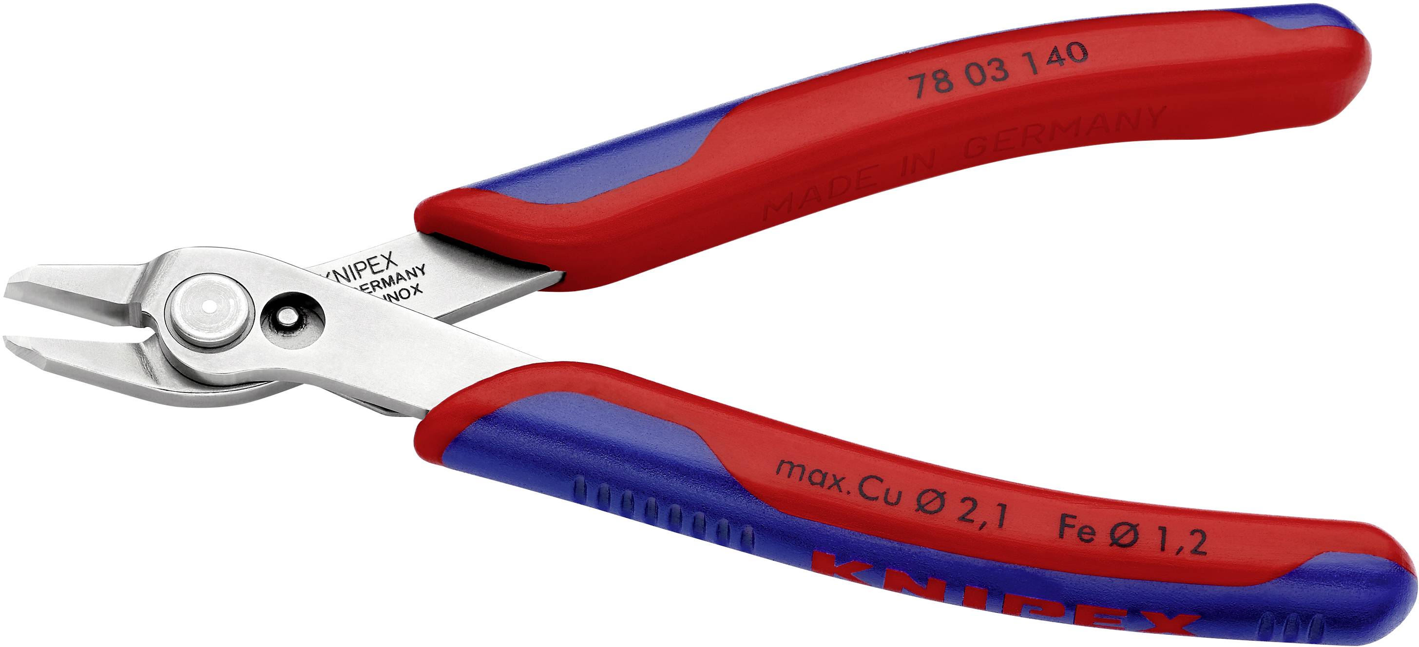 Seitenschneider mit rot-blauen Griffen, geeignet für maximalen Durchmesser von 2,1 mm für Kupfer und 1,2 mm für Eisen.