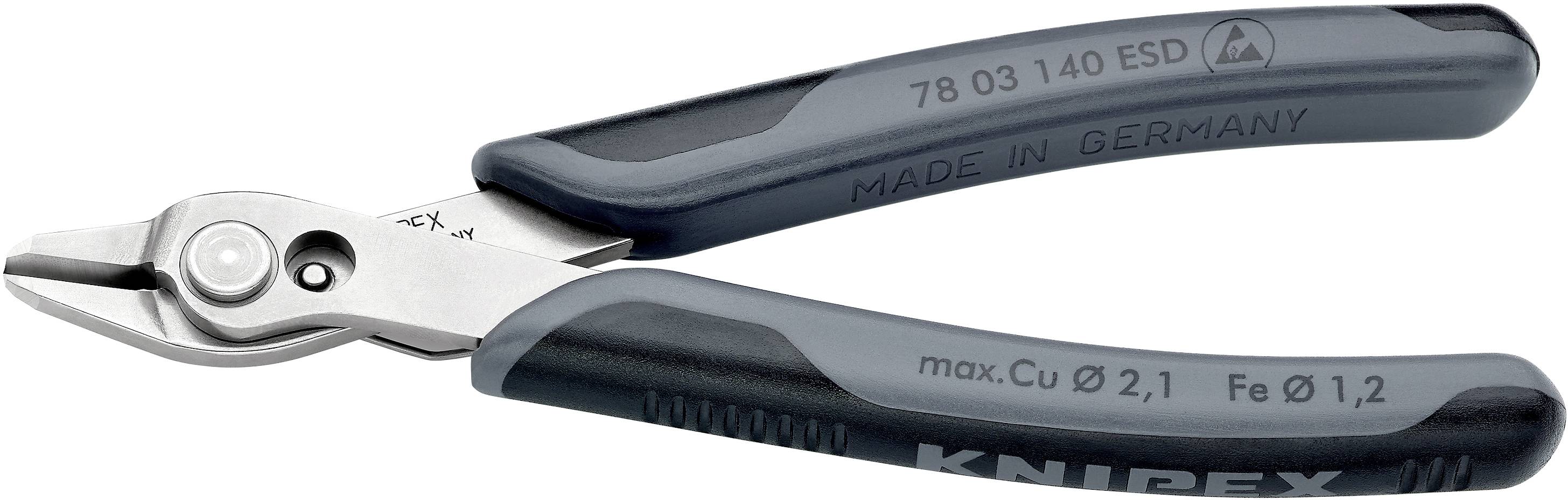 Seitenschneider mit blauen Griffen, hergestellt in Deutschland, geeignet für Kupferdrähte bis Ø 2,1 mm und Eisendrähte bis Ø 1,2 mm.