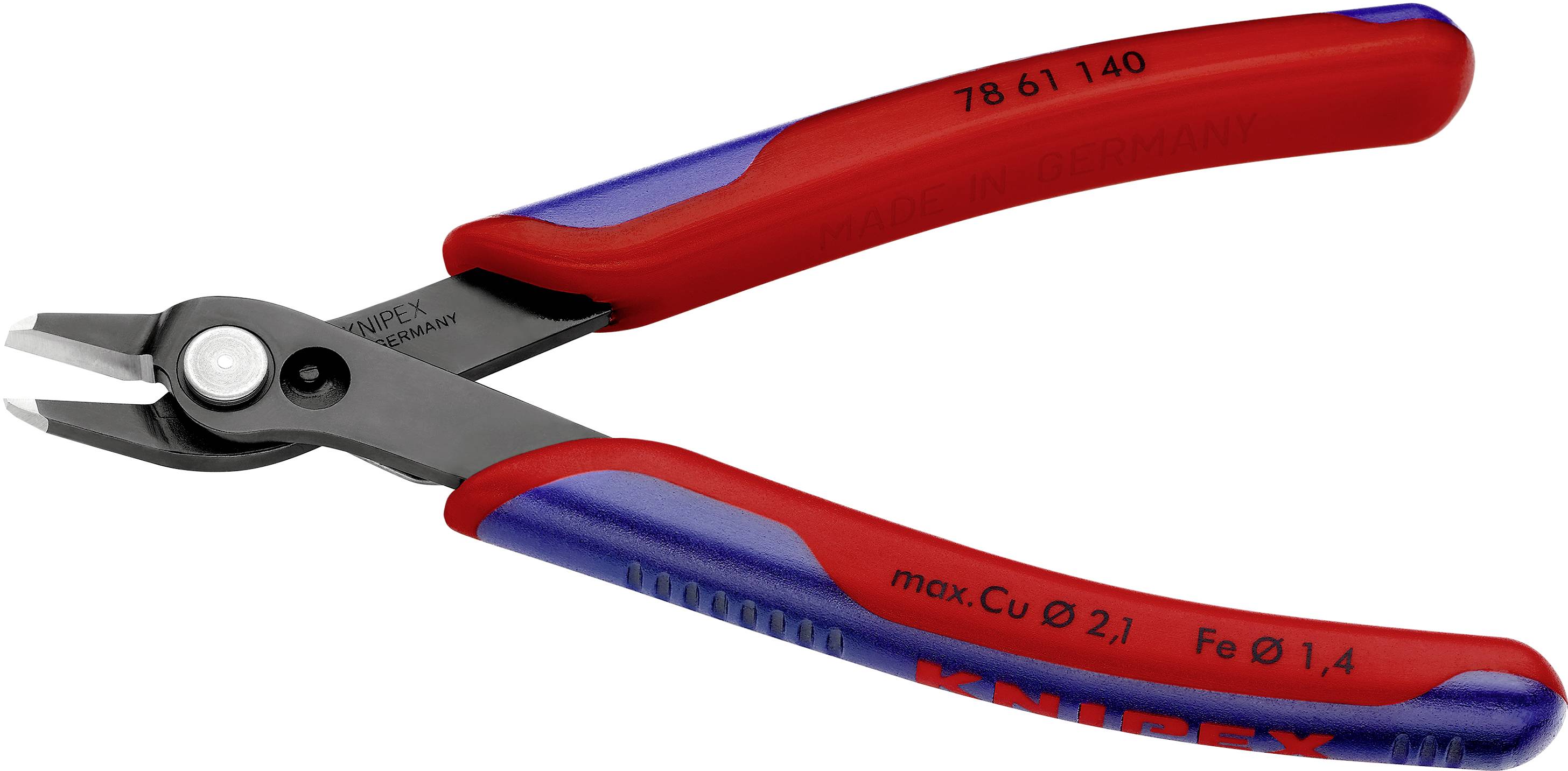 Seitenzange mit rotem und blauem Griff, Knipex Modell 78 61 140, geeignet für Kupferdrähte (max. 2,1 mm) und Eisendrähte (bis 1,4 mm).